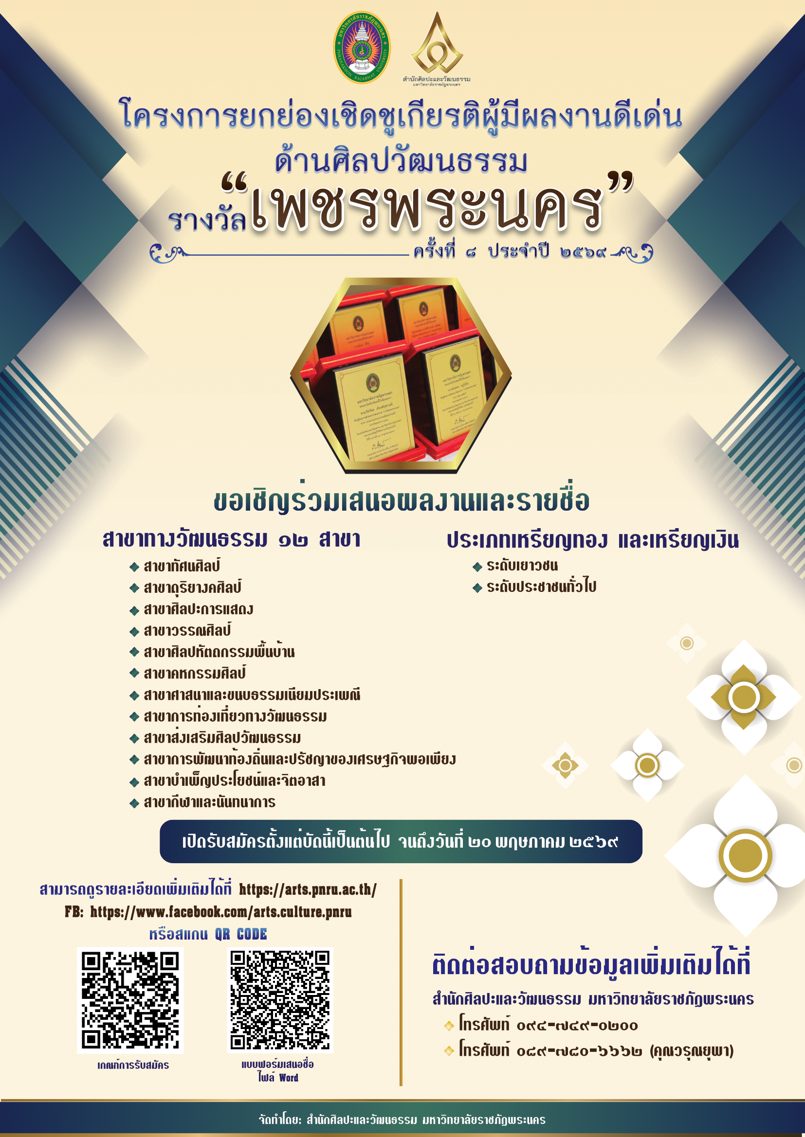 ประกาศผลผู้ผ่านการคัดเลือกผู้มีผลงานดีเด่นทางด้านวัฒนธรรม รางวัลเพชรพระนคร ประจำปี 2569